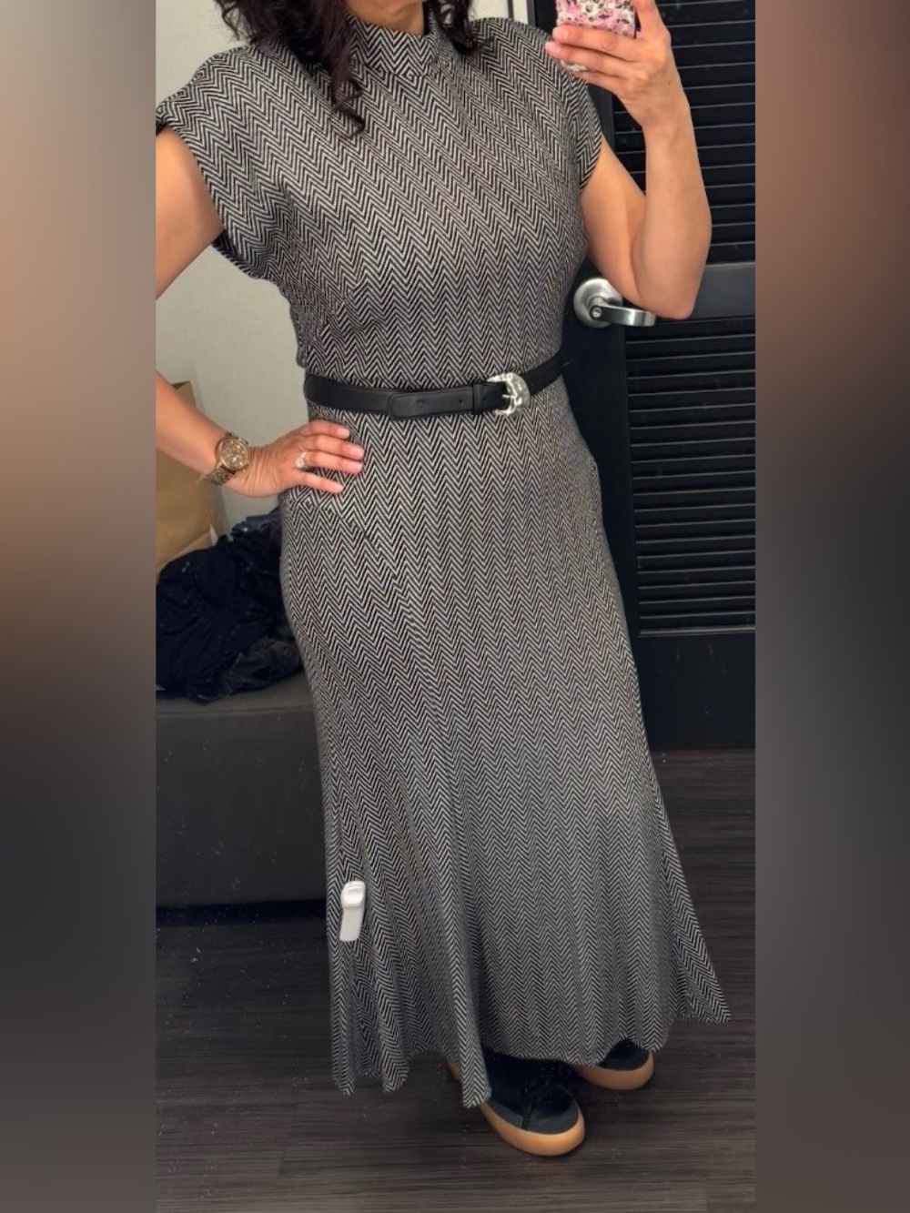 Taylor woman’s high neck knit belted midi dress